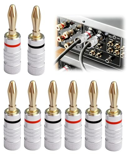 wilcractk 8 Piezas Conectores Banana para Altavoces 4mm Chapados en Oro 24K, Conectores de Audio HiFi para Cine en Casa, Compatibles con Cables de 0.75 mm a 4 mm (4 Rojos, 4 Negros)
