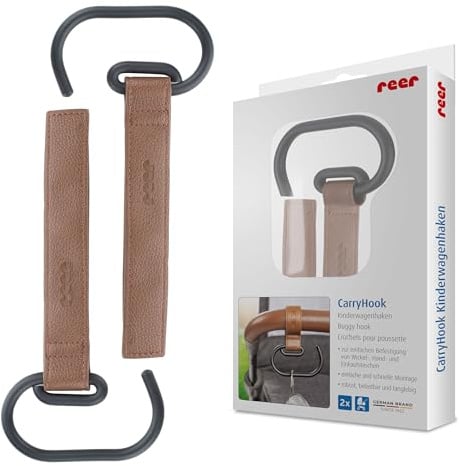 reer CarryHook Kinderwagenhaken | 2 Stück | Universal-Haken für Wickeltaschen & Einkaufstaschen | Klettbefestigung | Kinderwagen Zubehör | Braun-Schwarz