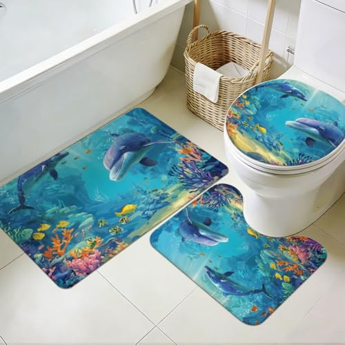 TNKBREEZE 3 Stück Badezimmerteppich Set Waschbarer Delfin Fisch Badezimmerteppiche Mit Toilettenmatten Meereslebensweiche Dicke rutschfeste Badematte Für Wäscherei Hotels Küche Wanne Wohnkultur Blau