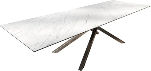 DELIFE Outdoortisch Edge 300x100 cm Keramik Laminam® Statuarietto Weiß Kreuzgestell Rechteck Edelstahl
