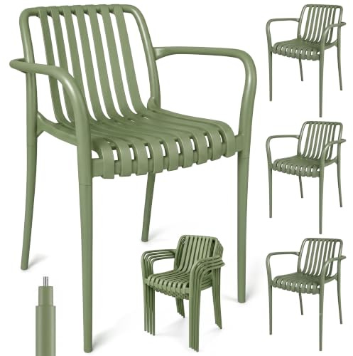 Outsunny Set 4 Sedie da Giardino Impilabili in Polipropilene Anti UV, Verde | Sedie per Pranzo da Esterno, Schienale Ergonomico a Doghe, Braccioli, Patio Balcone Terrazza Esterno Interno, 55x58.5x81.5cm