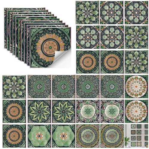 PHMING 24 Stück Fliesensticker Bad, 10 x 10 cm Grüne Fliesenaufkleber Bad | Wasserfest, Marokkanischer Stil Fliesenaufkleber Küche, 10 Muster, für Badezimmer, Küche und Balkon