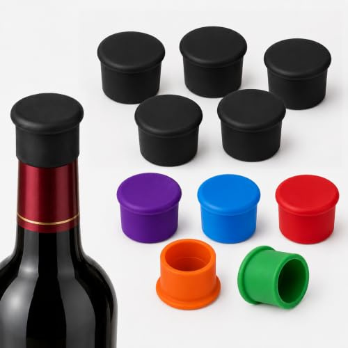 Qufiiry 10pcs Bottle Stopper, Reusable Silicone Wine Stopper | Wine Bottle Caps for Keeping Fresh, Airtight Sealer for Wine Beer Champagne Sparkling Drinks & Pop(5 Black + 5 Colour)