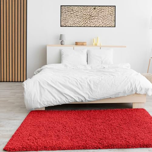 VIMODA Prime Shaggy Hochflor Langflor Teppich Einfarbig Modern Rot Hochflor für Wohnzimmer, Schlafzimmer, Maße:Ø 120 cm Rund