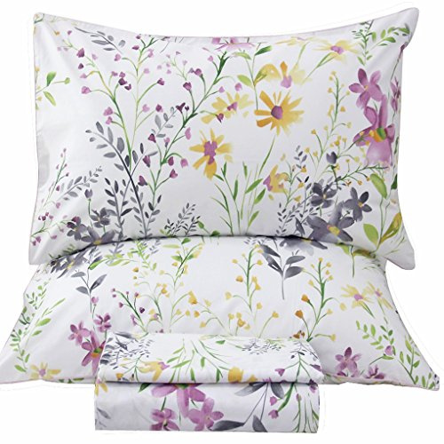 QSH Bettwäsche-Set für Queen-Size-Betten mit Blumenmuster, gelbe Wildblume, botanisches Muster, ägyptische Baumwolle, Bedruckt, Queen-Size-Bett, extra atmungsaktiv, 4-teilig