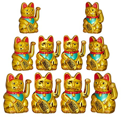 Relaxdays 10er Set Maneki Neko Winkekatze Gold, Glückskatze groß, winkende Katze China, Glücksbringer Figur, HxBxT: 16 x 10 x 8 cm