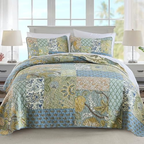 NEWLAKE Bohemian Floral Pattern Bedspread Quilt Set with Real Stitched Embroidery,Queen Size