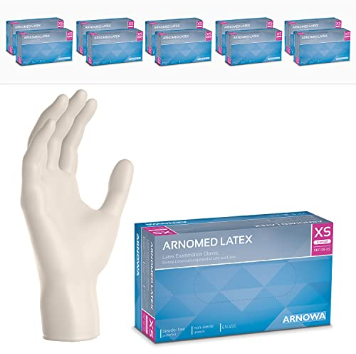 ARNOMED 1000x Einweghandschuhe XS, Latexhandschuhe Weiß (10x100 Stk), Einweghandschuhe puderfrei, Handschuhe Latex Einweg, Putzhandschuhe, Latex Handschuhe, Einmal-/Einweg-Handschuhe XS, S, M, L & XL