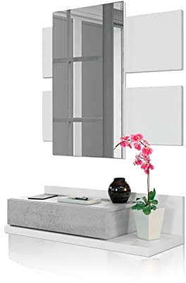 Habitdesign Recibidor con cajón y Espejo, Mueble de Entrada, Modelo Tekkan, Acabado en Blanco Artik y Gris Cemento, Medidas: 75 cm (Ancho) x 116 cm (Alto) x 29 cm (Fondo)