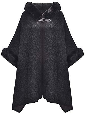 ZLYC Damen Winter Umhang Strickjacke Warm Kunstpelz Mäntel Poncho Cape mit Kapuze(Schwarz)