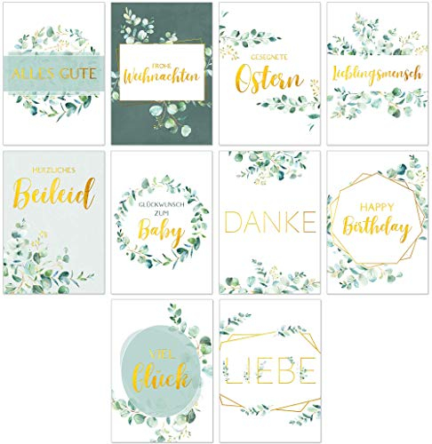 Olgs Postkarten Set mit 10 schönen Karten | Eucalyptus Sprüche Grußkarten | Sprüchen Motivationskarten | Spruchkarten Lebensweisheiten verschiedene Anlässe Glückwunsch zum Baby, Happy Birthday, Liebe