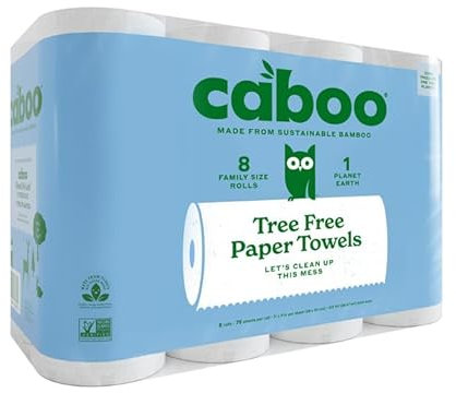 Caboo Toallas de papel sin árboles, 8 rollos, toallas de papel de cocina sostenibles respetuosas con el medio ambiente con 2 capas fuertes