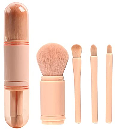Make-up-Pinsel-Set, tragbar, 4-in-1 Teleskop-Make-up-Pinsel mit Make-up-Pinsel-Reinigungsbox, 4 Mini-Make-up-Pinsel für Reise, Highlight, Lidschatten,Puder, Pinsel,Farbentfernungsschwamm