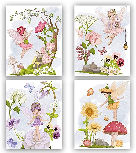 TANXM Feengarten-Wandkunst, magisches Feen-Poster, Blumenfee-Druck, Fantasy-Naturposter, psychedelische Pilze, Wanddekoration, Mädchenzimmer-Dekoration, 4er-Set (20,3 x 25,4 cm, ohne Rahmen