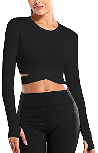 ORANDESIGNE Damen Yoga Crop Top Sportshirt Langarm Einfarbige Sexy Sport Kurz Oberteil Laufshirt Atmungsaktiv Leicht Schnell Trocknend Training Gym T-Shirt A Schwarz S