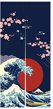 LIGICKY Japanese Noren Doorway Curtain Ukiyoe Hokusai The Great Wave Off Kanagawa Sun Cherry Blossoms Printed Window Treatment Door Tapestry for Home Restaurant Decoration 85 x 180 cm, Blue