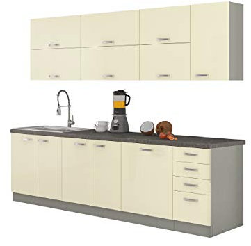 Mirjan24 Küche Multiline IV, 260 cm Küchenblock/Küchenzeile mit Arbeitsplatte und Spülbecken, 7 Schrank-Module frei kombinierbar (Grau/Creme Hochglanz; ohne Beleuchtung)