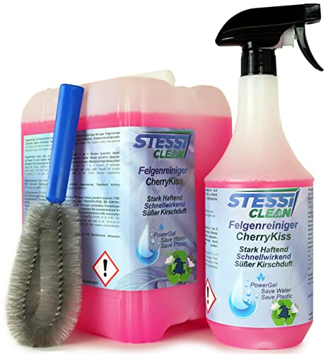 StessiClean PowerGel Felgenreiniger Set: 6 Liter Felgenreiniger Cherry Kiss, 1 Liter Keulensprühflasche, Felgenbürste - Anwendungsfertiger Felgenreiniger für optimale Resultate und strahlende Felgen