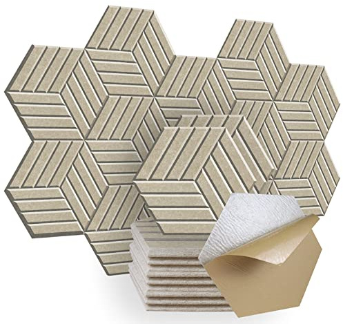 SHJADE 12 Stück sechseckige schallabsorbierende Paneele, selbstklebend, 35,6 x 30,5 x 1,1 cm, hochdichte Akustikplatte, stilvolle akustische Wandpolsterung für Zuhause und Büro (Kamel)