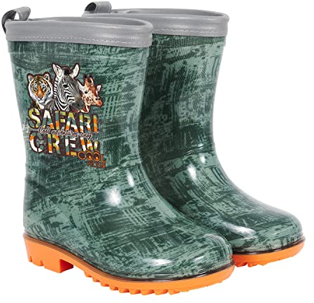 PERLETTI Stivali Pioggia Bambino Safari con Animali Savana - Galosce Bimbo Verde Scuro con Bordo Catarifrangente - Stivaletti Bambini Impermeabili PVC con Suola Antiscivolo Arancio (Safari, 24/25)