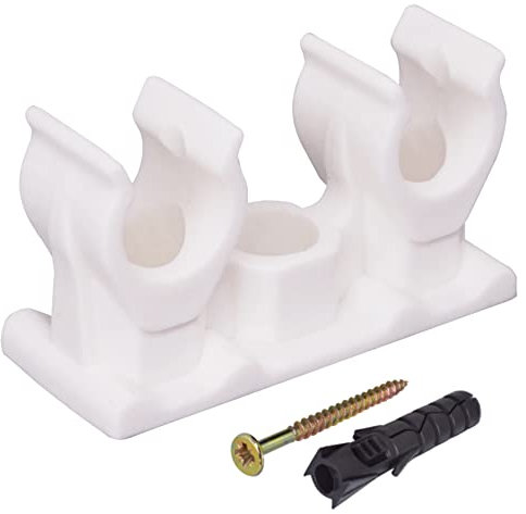 SKIR'CO (20 pcs) Double Pipe Clips, Plastic Clamps for 10 mm Pipes, U Type Pipe Clamp, Tubing White Clips, Hose Hangers