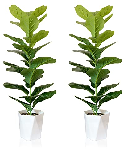 SAJANDAS 2er Set Kunstpflanze Geigenfeige mit Töpfen, 80 cm Künstliche Pflanzen Ficus Lyrata mit Grüne Blätter und Stielen, Faux Fiddle Leaf Pflanzen für Zuhause Büro Deko