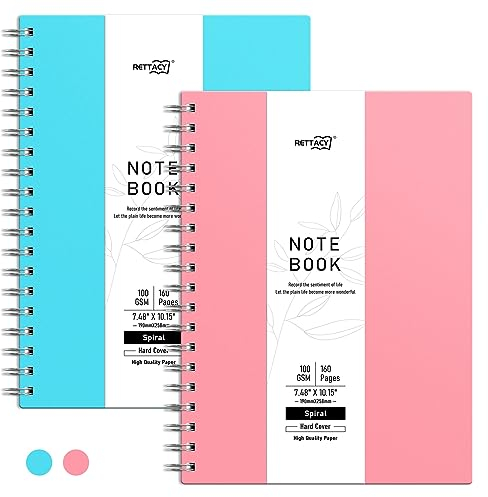 RETTACY B5 Spiral Notebook 2 Pack, Wirebound Colorful Notebooks 80sheets/160 Pages for Writing,100gsm College-Ruled Paper, PVC Hardcover, for Women Men Work Office School,19 x 25 cm