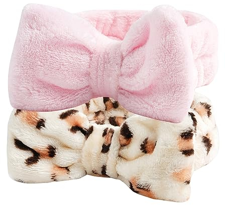 scicent Stirnbänder Damen Spa Bowknot Haarband Kosmetik Coral Fleece Makeup Haarbänder Elastic Stirnband Breitkrempe Korallenvlies Waschen Gesicht Kopfwickel für Dusche Hautpflege, 2 Stück - 13005