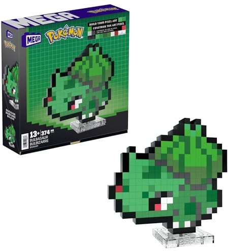 MEGA Pokémon Bisasam im Retro-Look - mit Pixel Art Steinen zusammenbaubare 15 cm großes Spielzeug, inklusive Basis zur Wandmontage, für Erwachsene Liebhaber und Sammler, HTH75