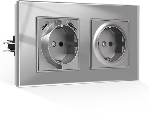CNBINGO Doppelsteckdose mit USB Anschluss, 1× (USB-A und Typ-C Port Max.2,1 Amp total), Unterputz Steckdose mit Krallen, Schuko Steckdose mit Glasrahmen in Grau, 2-Fach