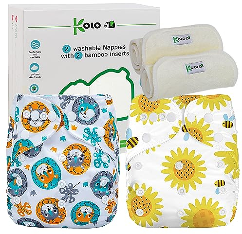Kolo – 2 wiederverwendbare Windeln für Babys & Neugeborene + 2 Bambuseinlagen | Waschbare, einstellbare Stoffwindeln, unisex | 100 % umweltfreundlich | Design Bee&Butterfly