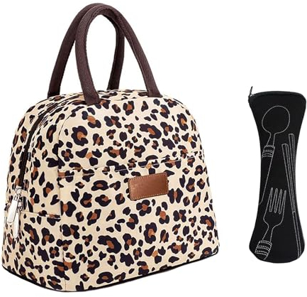 MEMOFYND Bolsa de almuerzo de 1 pieza con estampado de leopardo y 1 bolsa para cubiertos, bolsa de almuerzo de tela Oxford, práctica bolsa de transporte, bolsa de almuerzo a prueba de fugas, adecuada