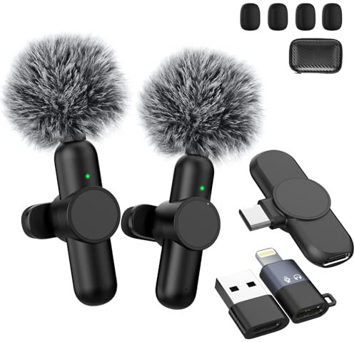 Wireless Lavalier Microphone for iPhone/Android Phones/Laptop, Wireless Clip On Lapel Mic Includes Lightning/USB-A Adapter, Plug-Play Lapel Wireless Microphone for Video Recording/YouTube/TikTok/Vlog