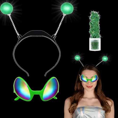LED Silberrahmen-Farbfolie Alien Haarreif,Alien Kostüm Damen Ancient Aliens Haarreifen Männer,Glitzer Haarreif Sterne Astronaut Kostüm Kinder Für Halloween Karneval Und Maskerade Party (grüner)