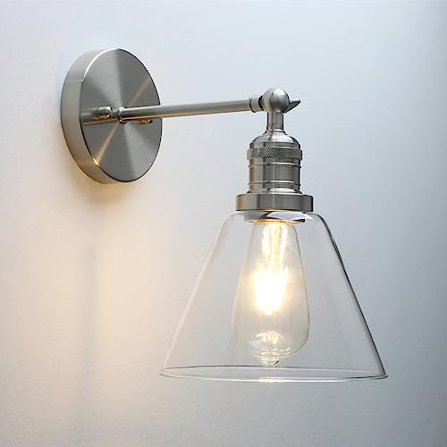 Pathson Industriel 180 degrés Ajustable Applique Murale, Cône Abat-jour en Verre Lampe Murale, Vanité Éclairage mural pour Salle de bain, Cuisine, Chambre à coucher (Argent brossé)