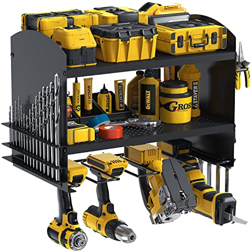 Power Tool Organizer Drill Charging Station for 4 Power Drill Tools Heavy Duty Drill Holder Wall Mounted Rack Utility Metal Tool Shelf Storage Organiser for Garage,Home,Workshop (Black-1)