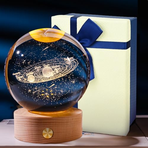 3D Kristallkugel Nachtlicht, Sonnensystem Glaskugel mit USB Powered, Solar System Crystal Ball mit LED Holzsockel für Weihnachten Thanksgiving Valentinstag Geburtstag Home Dekor (Solarsystem)