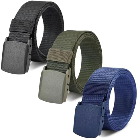 TSHAOUN 3 Piezas Cinturón Hombre, 130CM Ajustable Cinturones de Lona de Nylon, Cinturón con Hebilla de Plástico Libre de Metal, Cinturón Trabajo Viaje, paso rápido por seguridad aeroportuaria (3PCS)
