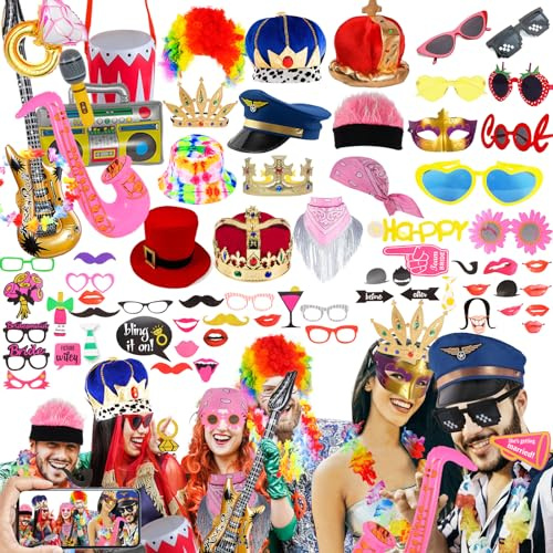 Bulk Opulent Photo Booth Props Set for Adult, Novelty Funny Hats and Glasses, Colorful Wig, Inflatable, Phtot Booth Props Kit for Graduation, Wedding, Birthday, Bachelorette and All Occasions