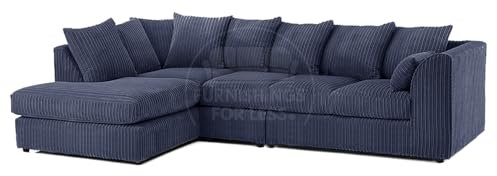 Furnishings For Less UK New Luxor Navy Blue Soft Jumbo Cord Large 5 Seater Corner Sofa Left Hand Scatter Back L Shaped Sofa (Left Hand Facing 5 Seater, Scatter Back)