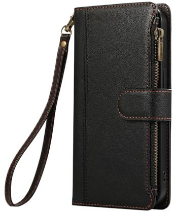 Wuhaizher for iPhone 16 Case Zipper Pocket Shockproof Leather Flip Folio Wallet Case with Stand Card Holder Silicone Bumper Protector Zip Phone Cover for iPhone 16, Black