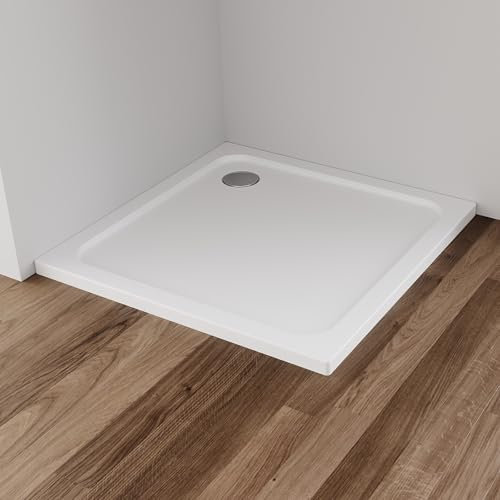 IMPTS Duschwanne 90x90x4 cm Duschtasse Komplett Set Quadrat Extra Flach Eckig Acryl Weiß Dusche Acrylwanne für Duschabtrennung Duschkabine, inkl. Ablaufgarnitur