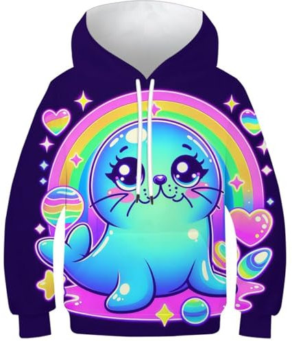 SAFGTXHTR Unisex Bambino Foca Felpe con Cappuccio 3D Felpe Sportive Manica Lunga Casual Maglione Hoodie Pullover con Tasche 6-15 Anni