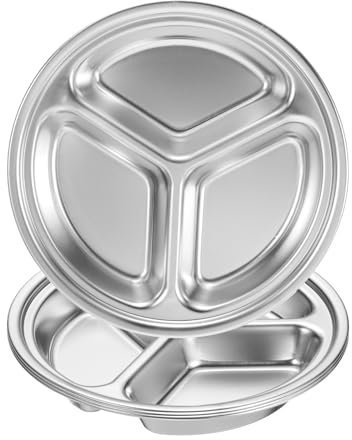 sourcing map 4Pcs Stainless Steel Divided Dinner Plate, 6.7 Round Serving Platter Plates with 3 Sections Cafeteria Mess Tray for Restaurant Kitchen Portion Control Camping, Silver