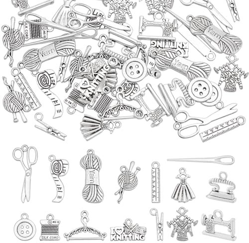 UNICRAFTALE about 60Pcs Tibetan Style Charms 15 Styles Knitting Tools Pendant Sets Antique Silver Hanger Charms Alloy Yarn Clew Charms Button Charms Measuring Tape Charms for Jewelry Making