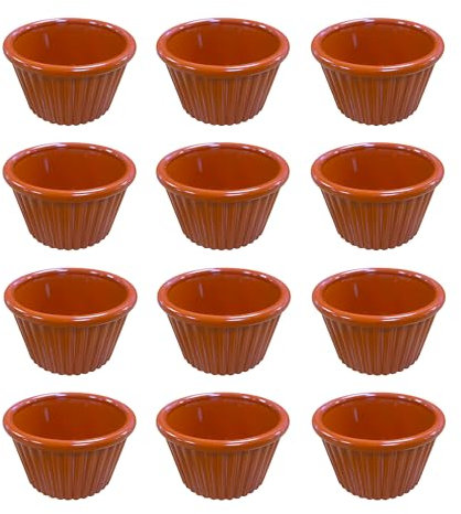 Chabrias Pack of 12 Fluted Traditional Ramekins Condiment Pots, Sauce Ramekins, Dip Bowls, Tough Plastic Sauce Pots, Made in England (Terracotta 2oz)