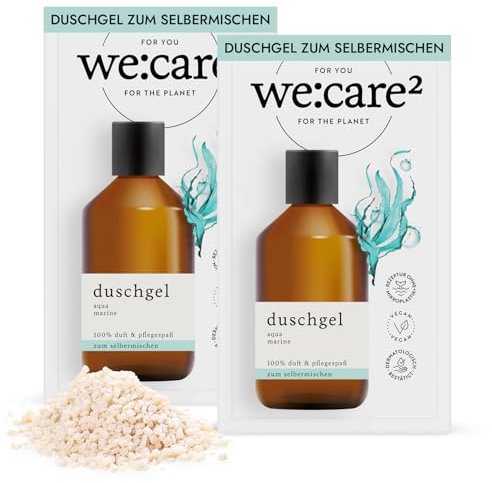 we:care² 2x Duschgel Pulver (Granulat) zum Anrühren Aqua/Marine - 32g ergibt 250ml nachhaltige & vegane Nachfüllseife ohne Silikone, Parabene & Mikroplastik - Duschpulver - Duschgelpulver