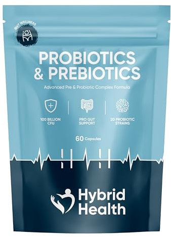 Hybrid Health Probiotic & Prebiotics Complex | 60 Vegan Capsules | 100 Billion CFU | Advanced Strength Probiotics with 20 Diverse Strains | Pre & Probiotics for Women and Men