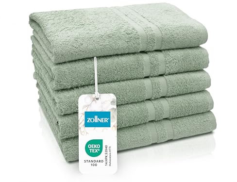 ZOLLNER 5er Set Duschtücher in 70x140 cm - Flauschige Badehandtücher aus Baumwolle - mit moderner Streifenbordüre - bis 60°C waschbar - mit praktischem Aufhänger - in Salbei - Hotelqualität