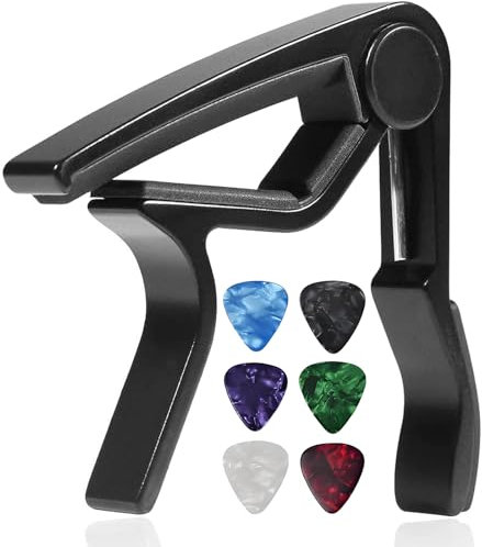 Yuiturt Schwarze Metallgitarre, mit 6 Plektren, für Akustik- und E-Gitarre, Ukulele, Banjo, für Anfänger und Profis